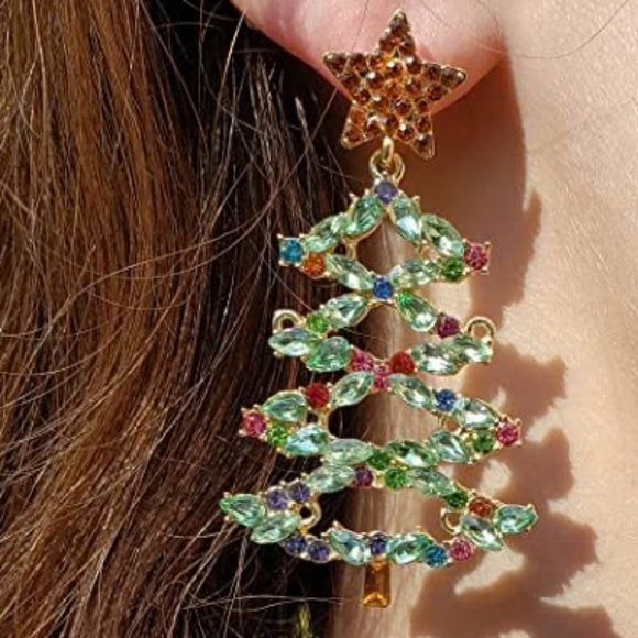 BaubleBar Jewelry - Bauble Bar Christmas Tree Earrings Statement Rhinestones and Crystals Gold 3"